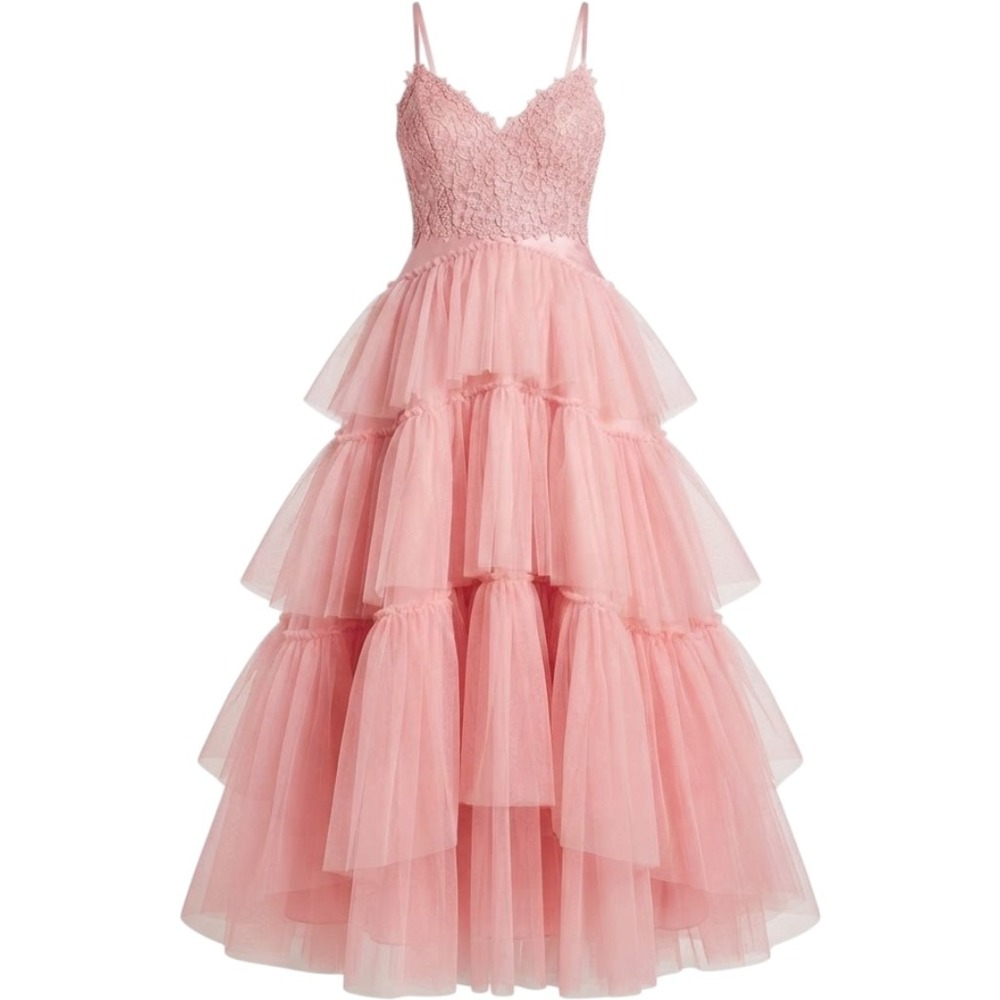 Pink tulle prom dress XL party princess formal tiered ruffles sheer sparkly glam